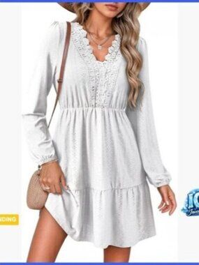 Lace Hollow Out Embroidered V-Neck Long Sleeve A-Line Mini Dress